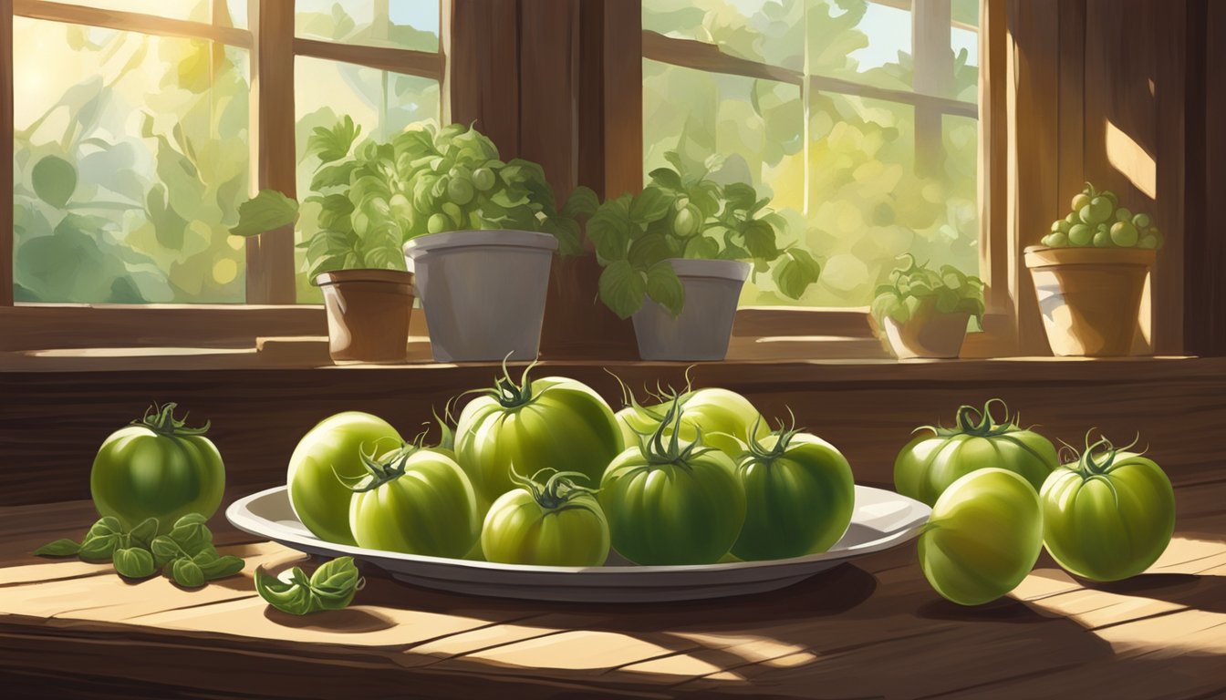 A hand reaching for green tomatoes, onions, and spices on a rustic wooden table. Sunlight streams in through a window, casting warm shadows