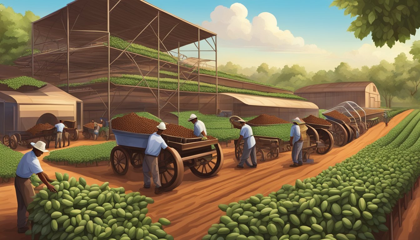 A sprawling Texas cocoa farm with workers harvesting beans, a bustling chocolate factory with machinery processing the beans into rich, velvety chocolate bars