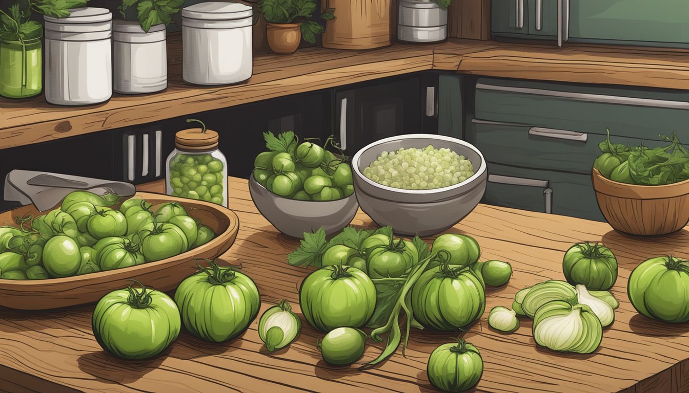 A rustic kitchen with fresh green tomatoes, onions, and spices laid out on a wooden table, ready to be chopped and mixed for a tangy green tomato relish