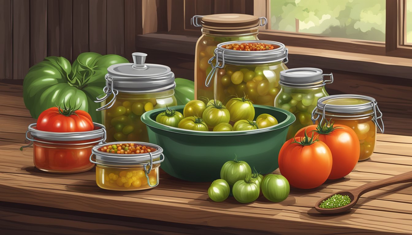 A rustic kitchen with jars of green tomato relish, fresh tomatoes, onions, vinegar, and spices laid out on a wooden table