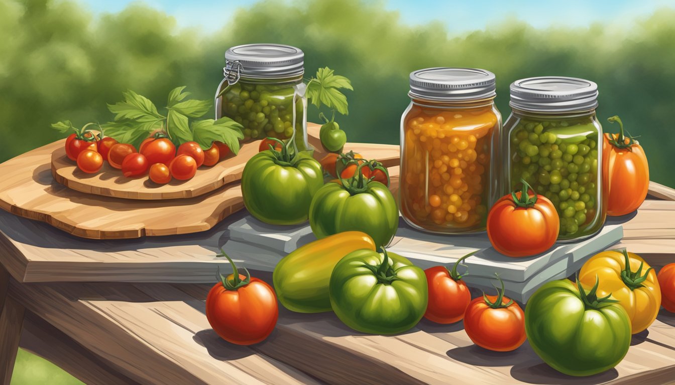 A rustic picnic table set with jars of green tomato relish, surrounded by fresh tomatoes and peppers, under the warm Texas sun