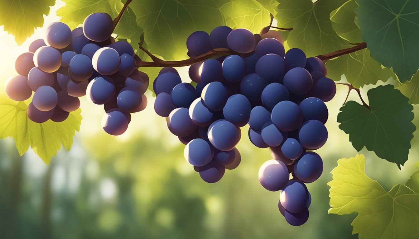 A cluster of ripe muscadine grapes hanging from a vine, surrounded by lush green leaves and bathed in warm Texas sunlight