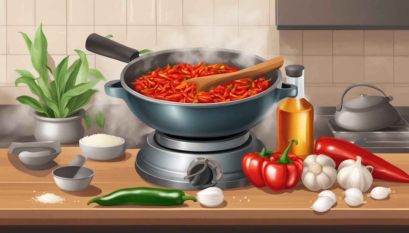 A table with fresh red chili peppers, garlic cloves, vinegar, sugar, and salt, along with a mortar and pestle and a saucepan on a stove