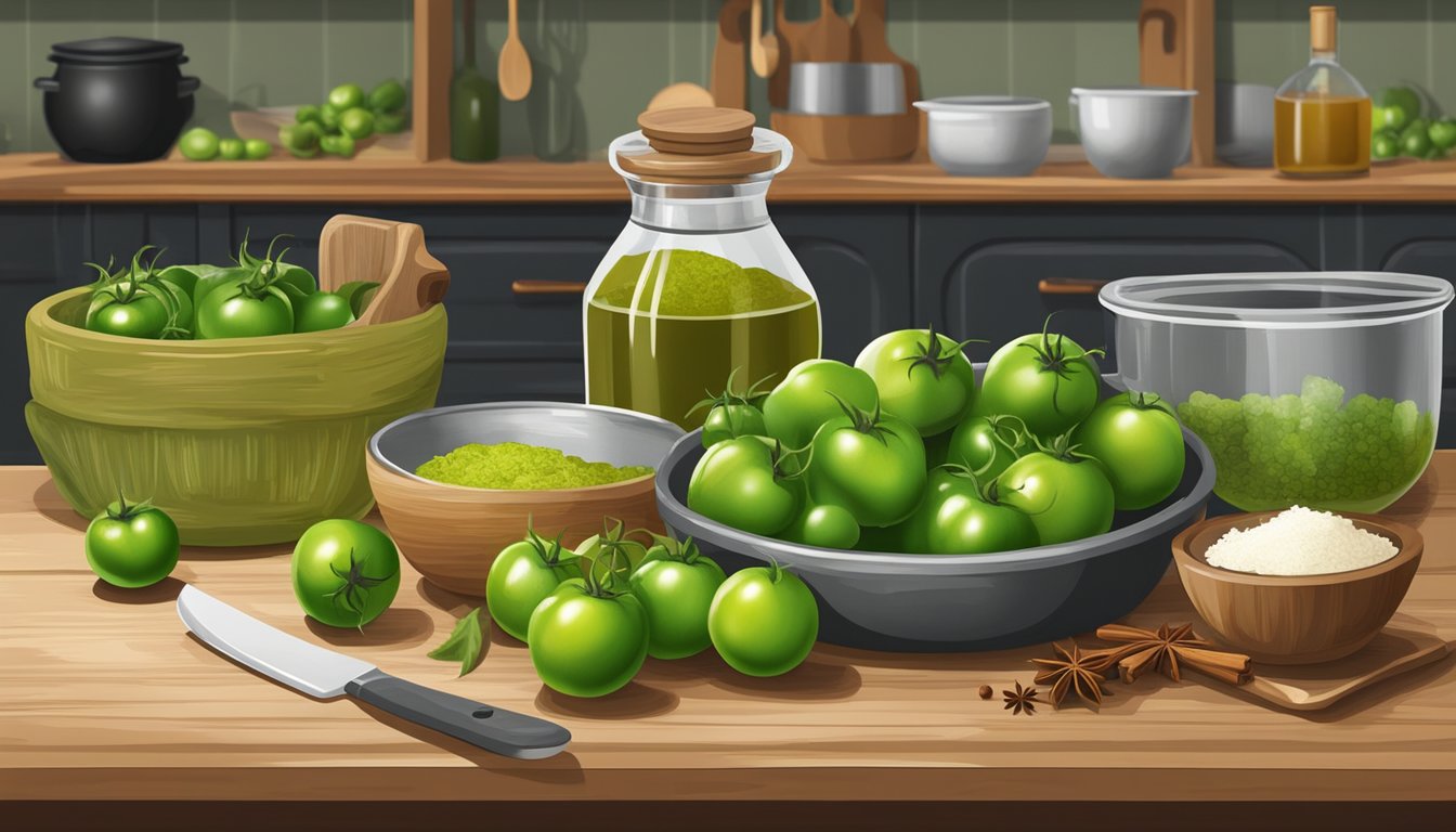 A rustic kitchen counter with fresh green tomatoes, vinegar, and spices laid out for making tangy green tomato relish