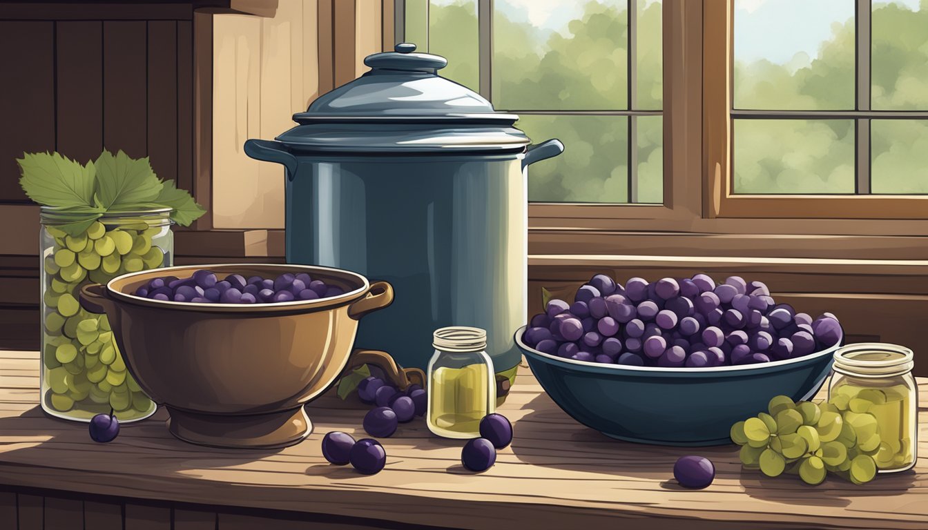 A rustic kitchen table with a bowl of ripe muscadine grapes, a pot simmering on the stove, and jars lined up for filling