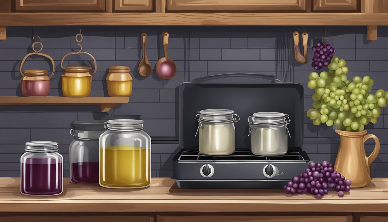 A rustic kitchen with fresh muscadine grapes, a pot on the stove, and jars for jelly