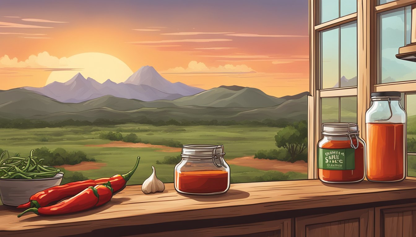 A rustic kitchen counter with a jar of homemade sriracha sauce, fresh chili peppers, garlic, and vinegar. A Texas landscape in the background