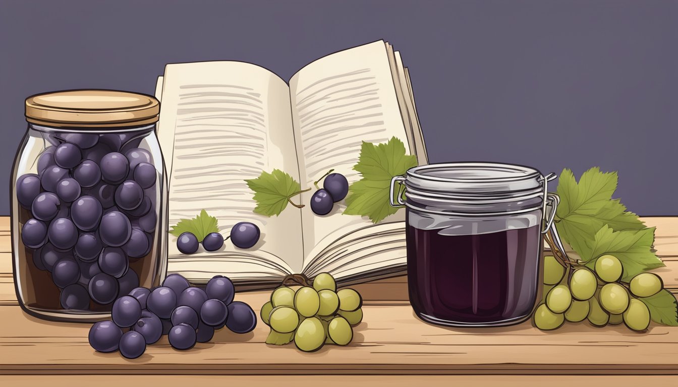 A rustic kitchen table with a jar of homemade muscadine jelly, surrounded by fresh muscadine grapes and a simple recipe book