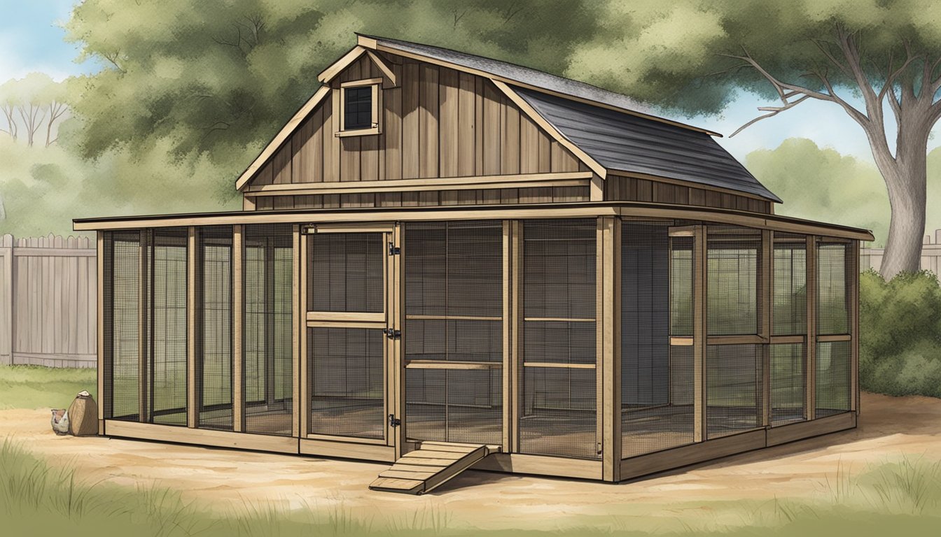 A rustic Texas chicken coop with a fenced outdoor environment, complete with roosting bars and nesting boxes