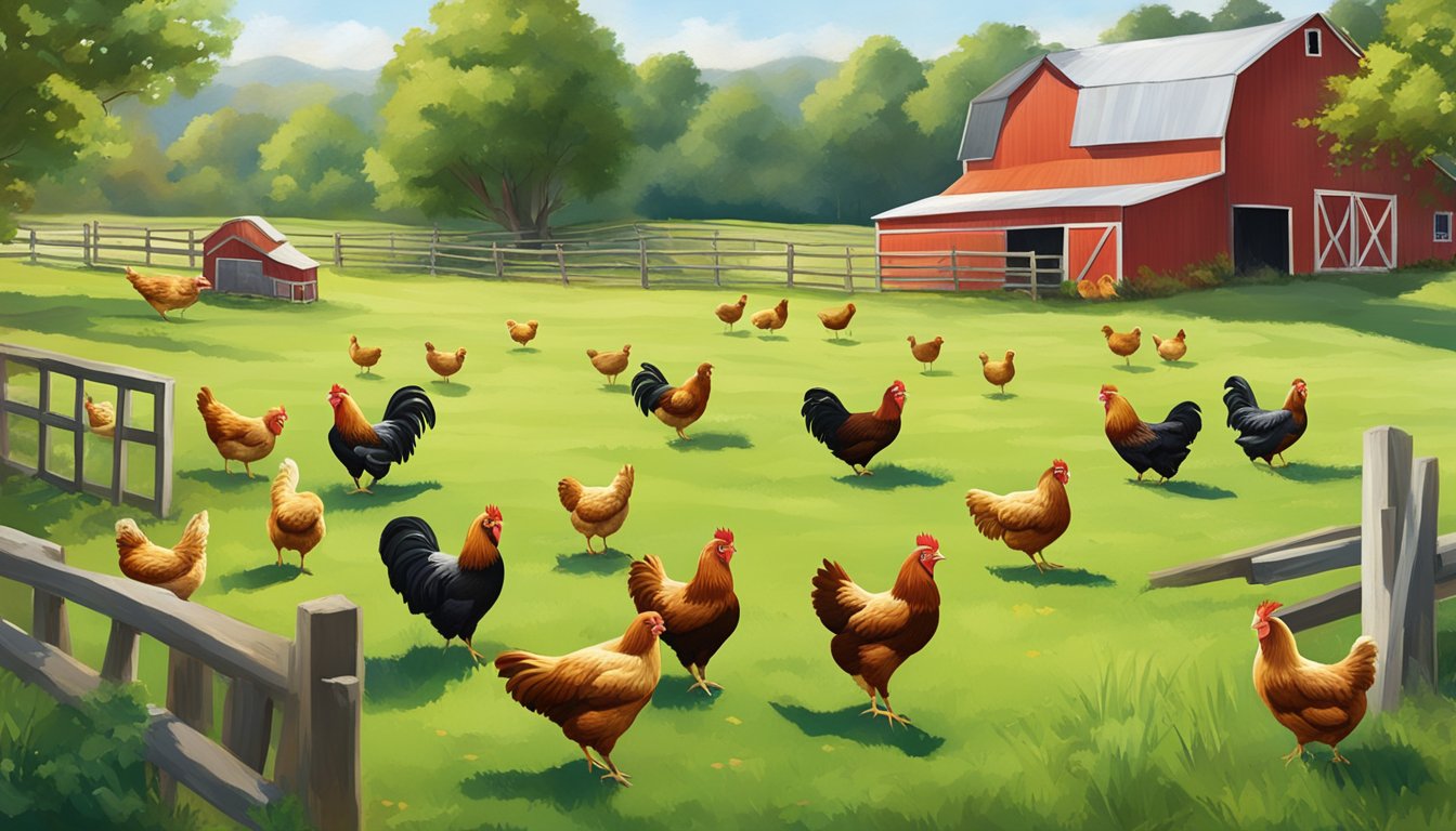 A sunny Texas farmyard with a red barn, lush green grass, and a group of free-ranging chickens pecking at the ground