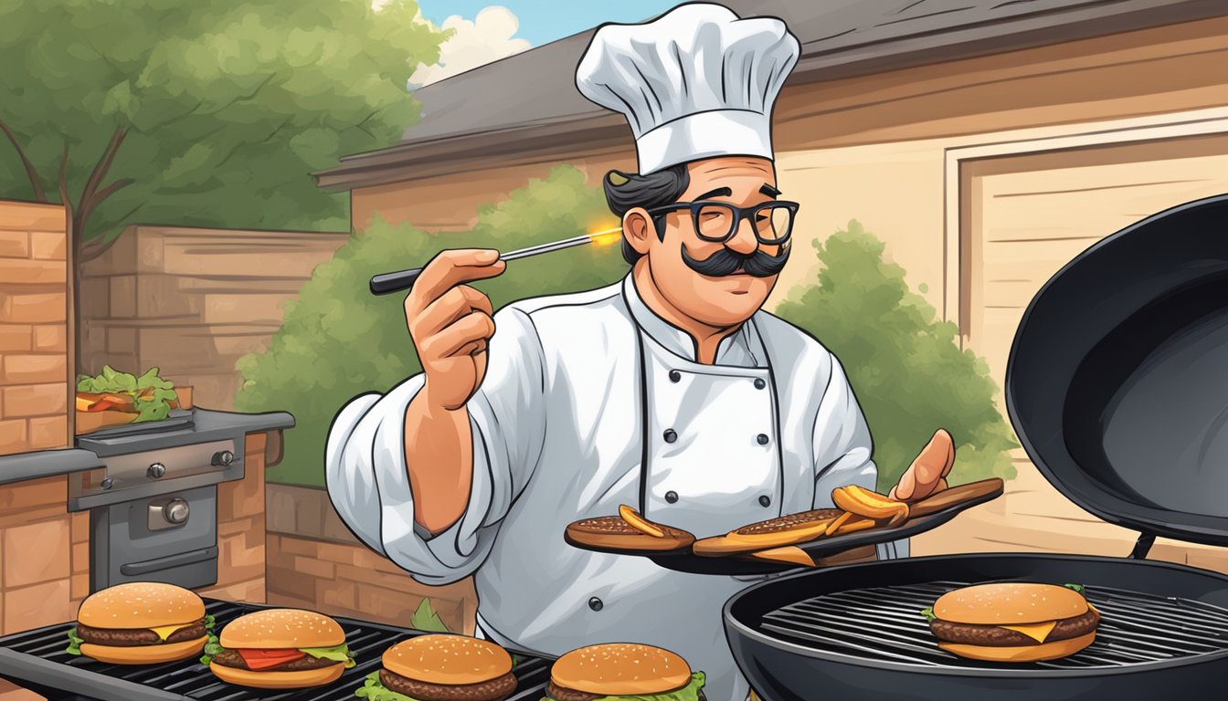 A chef using a meat thermometer to check the temperature of a sizzling hamburger on a grill in a Texas backyard