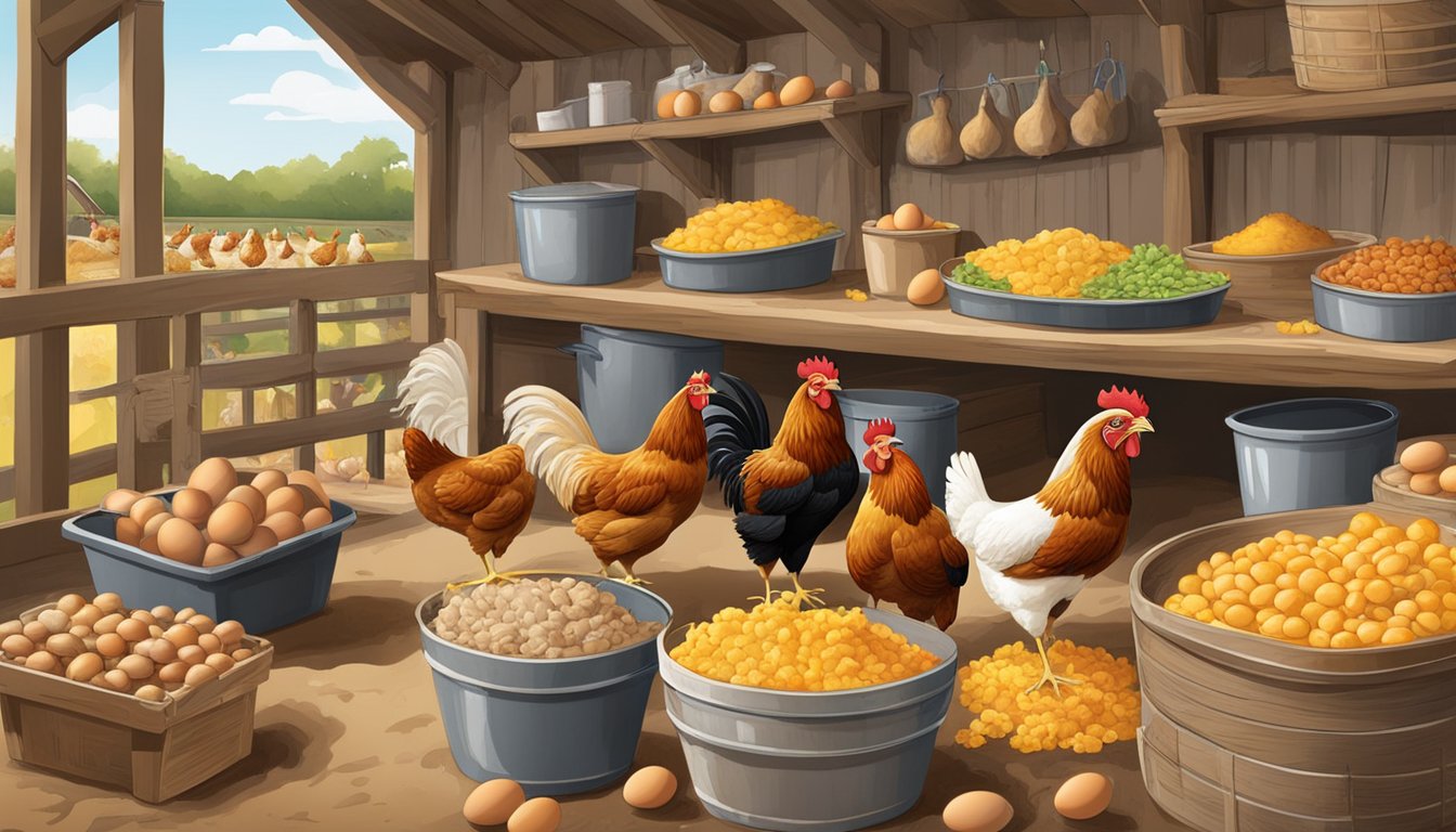 A bustling Texas farm scene with chickens, eggs, feathers, and various chicken products and by-products on display