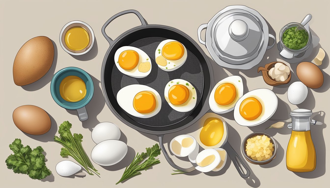 A pot of boiling eggs on a stovetop, surrounded by various ingredients and condiments for different ways to enjoy boiled eggs in Texas