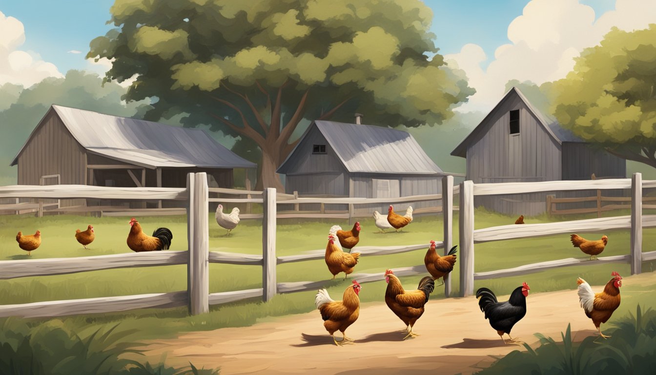 A group of chickens roam freely in a Texan backyard, surrounded by a rustic wooden fence and a traditional farmhouse in the background