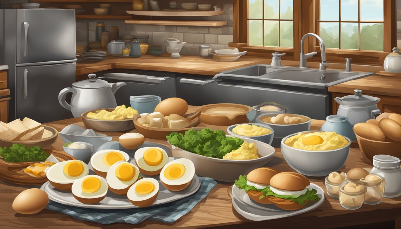 A rustic Texan kitchen with a variety of dishes featuring boiled eggs - from deviled eggs to egg salad and egg sandwiches