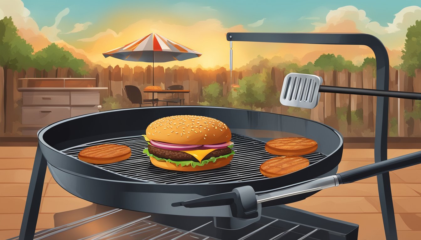 A sizzling hamburger patty on a grill with a meat thermometer inserted, set against a backdrop of a Texas barbecue scene