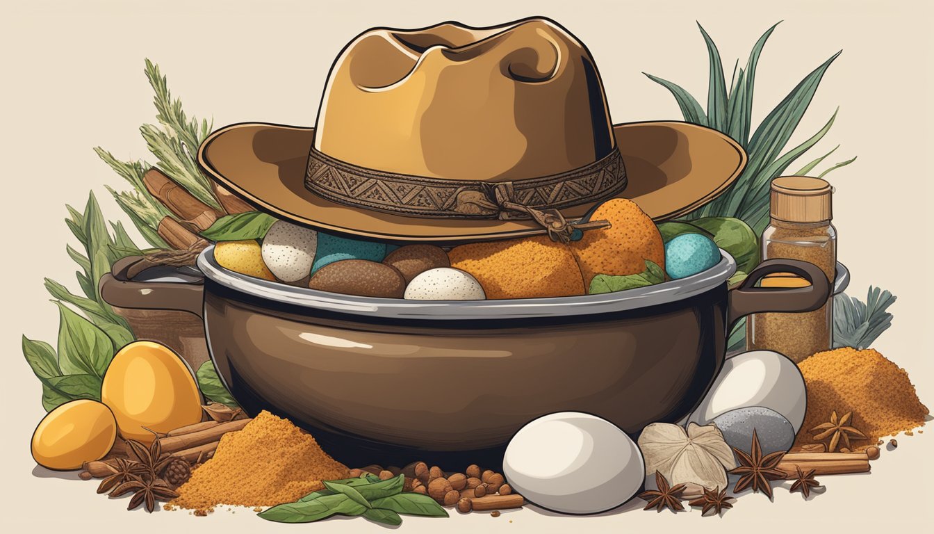 A cowboy hat sits atop a pot of boiling eggs, surrounded by Texan spices and flavors