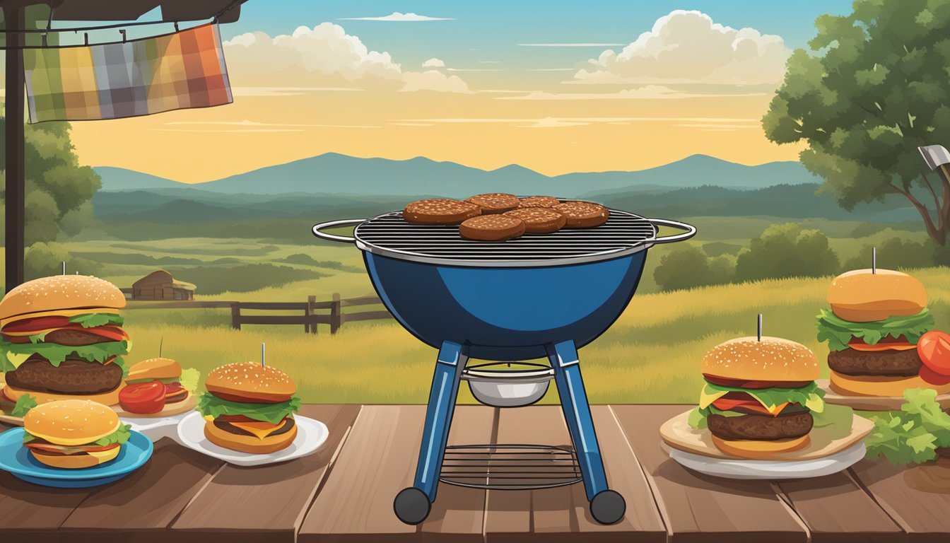 A grill with a variety of burger patties cooking at different temperatures, accompanied by a temperature guide chart, set against the backdrop of a Texas landscape