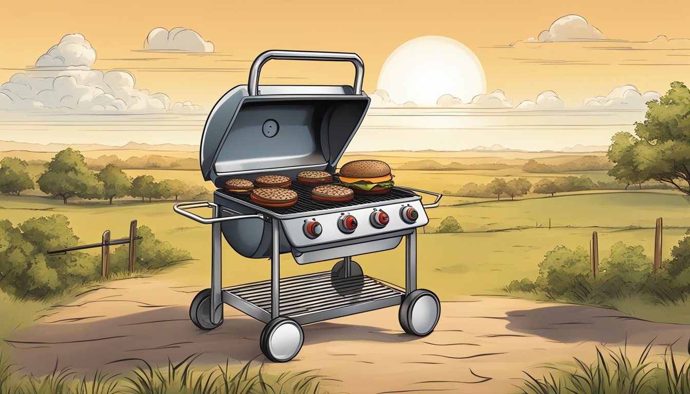 A grill with a thermometer displaying the ideal temperature for cooking hamburgers, surrounded by a Texas landscape