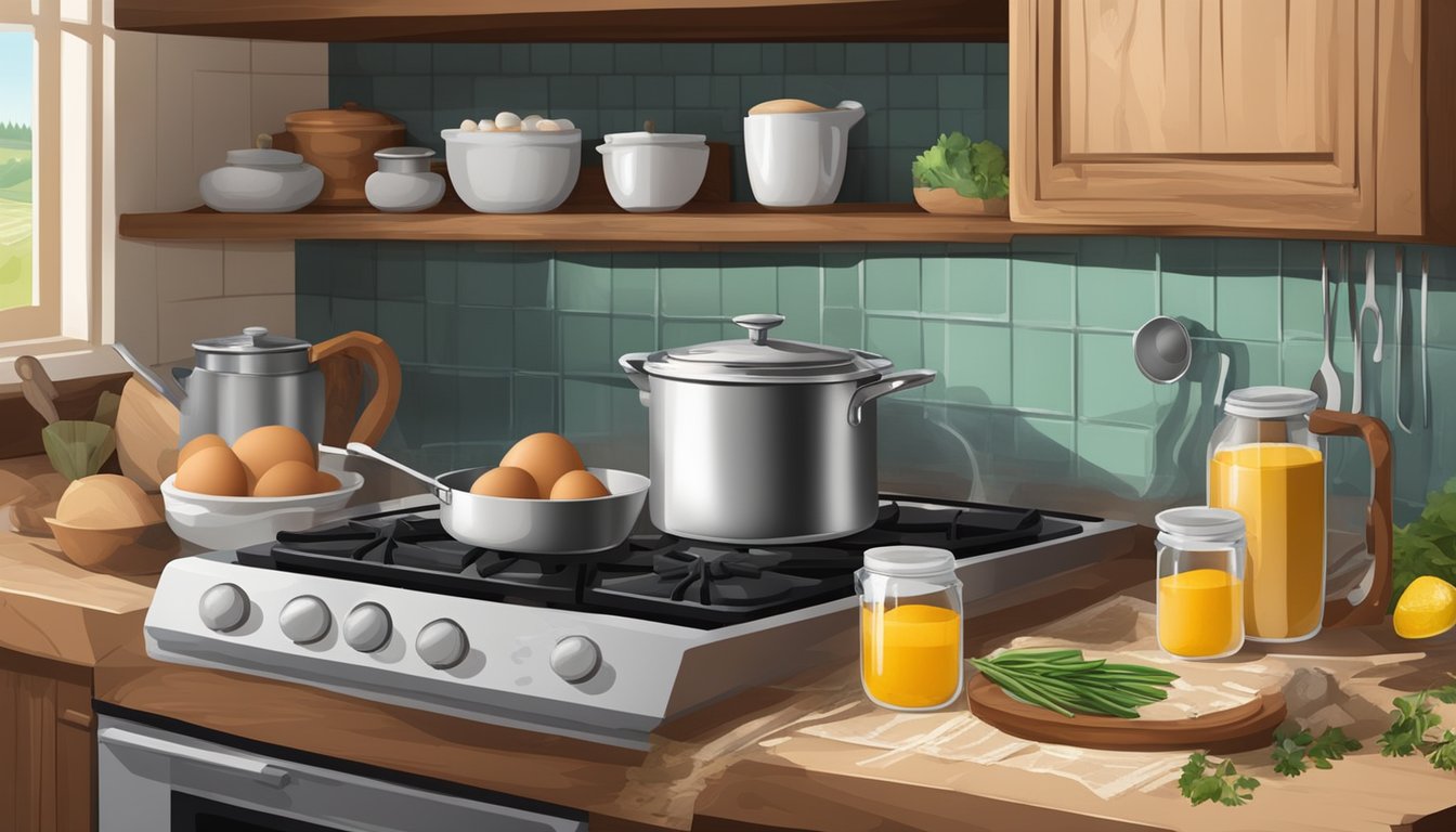 A rustic kitchen with a pot of boiling water on a stove, surrounded by various ingredients and seasonings for preparing boiled eggs in Texas