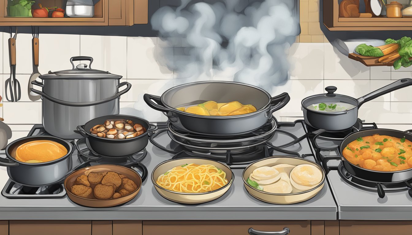 Various foods being poached in Texas, with steam rising from pots and pans on a stove