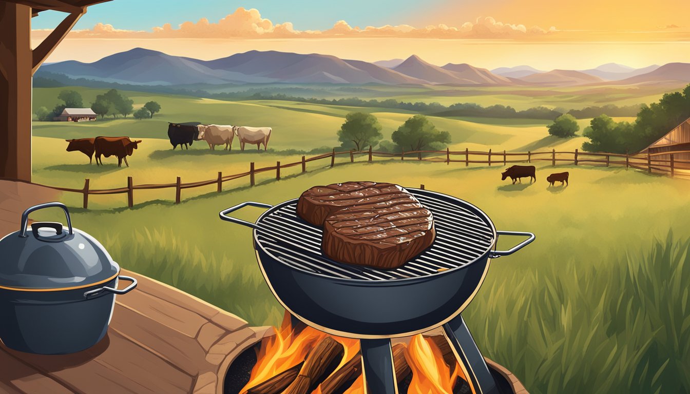 A sizzling steak on a hot grill, surrounded by the iconic Texas landscape of rolling hills and cattle ranches