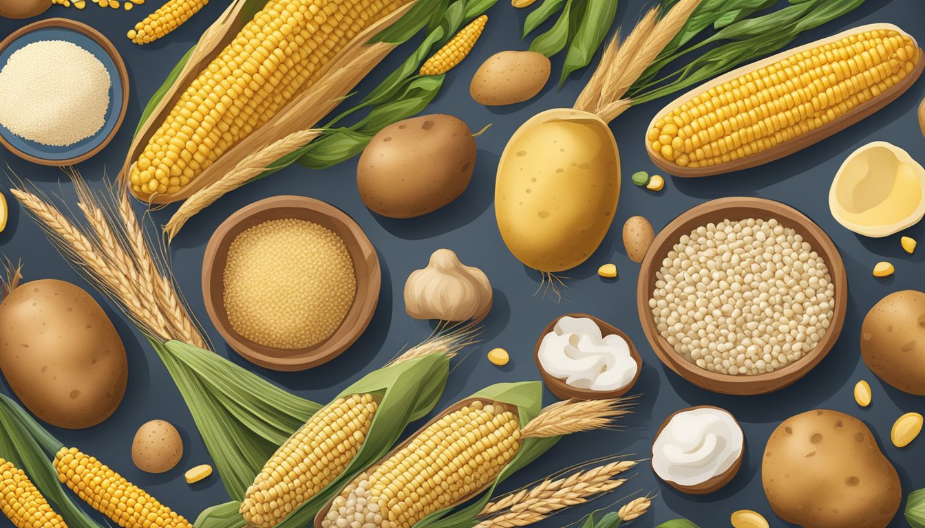 A variety of starch sources, such as potatoes, corn, and wheat, are displayed alongside their respective uses in Texas cuisine