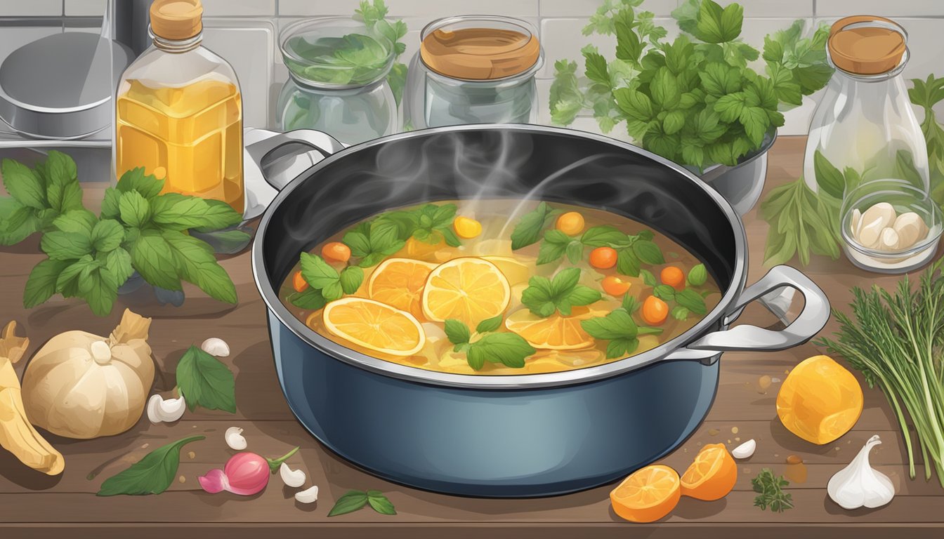 A pot of water simmering on a stove, with various ingredients and herbs nearby for poaching