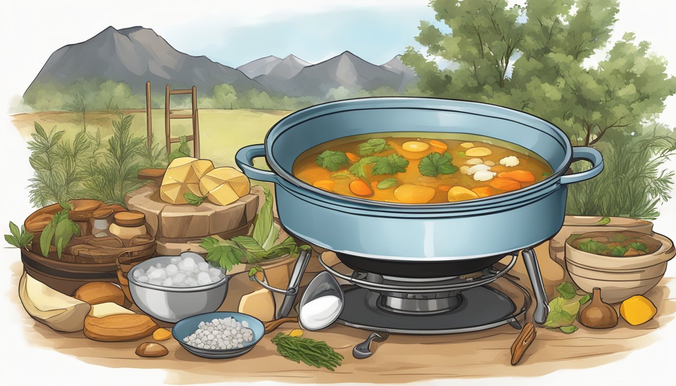 A pot of simmering water with various ingredients and utensils for poaching, set against a Texas backdrop