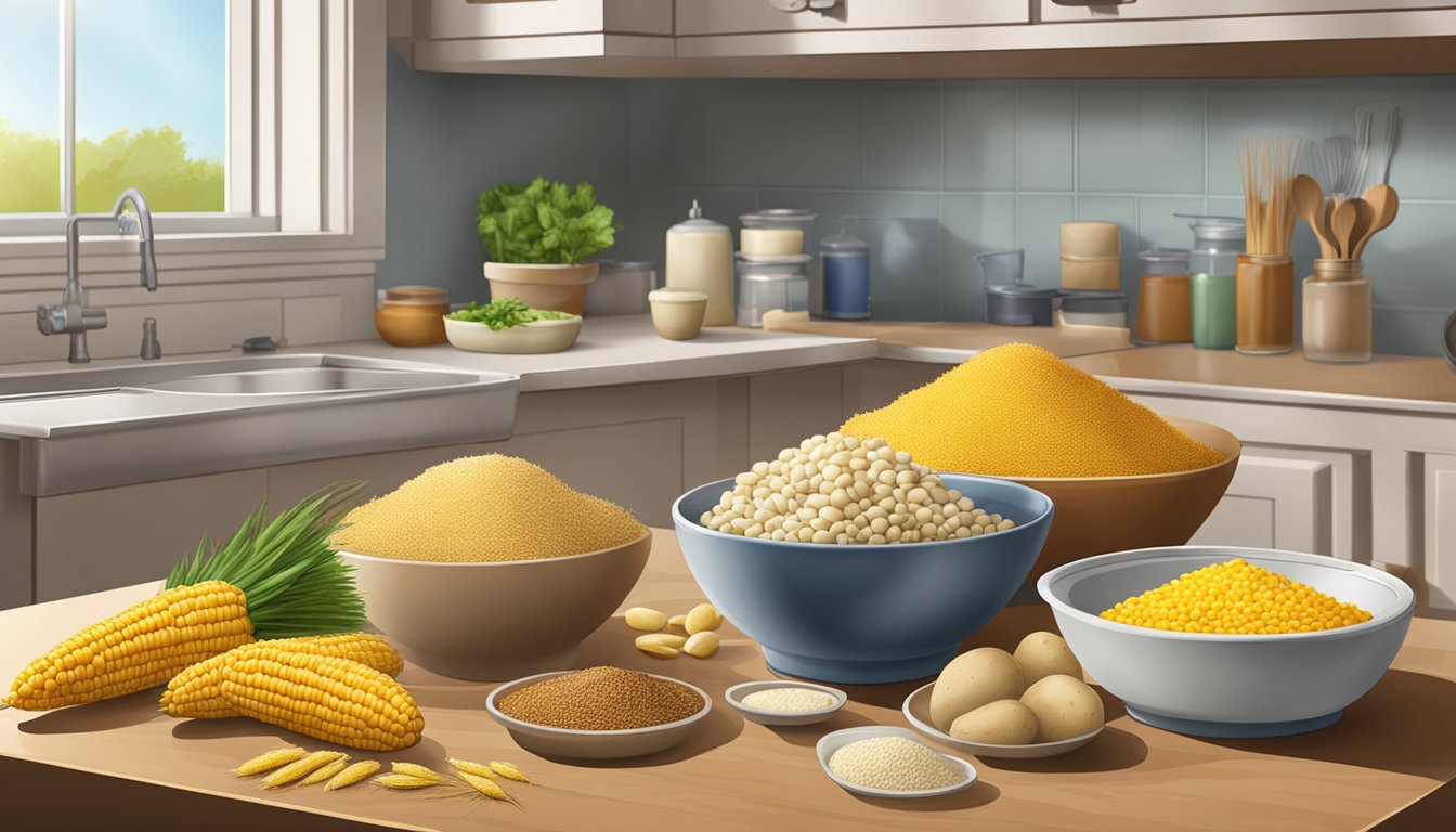 A variety of starches (potato, corn, wheat) arranged on a Texan kitchen counter, with accompanying dishes and ingredients