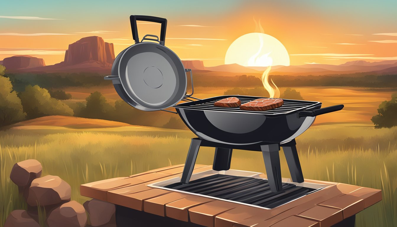 A sizzling steak on a hot grill, surrounded by Texas landscape and a warm, inviting atmosphere