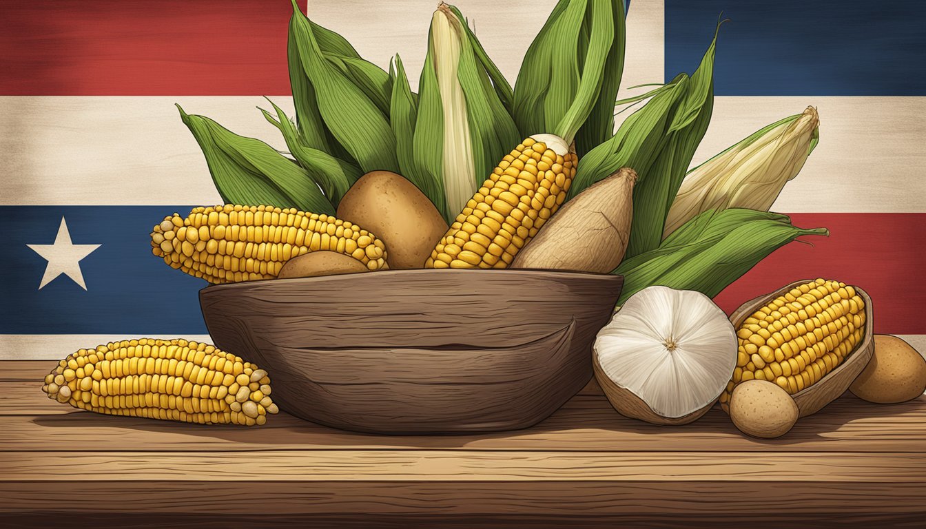 A colorful array of starches - corn, potatoes, and cassava - arranged on a rustic wooden table, with a Texas flag in the background