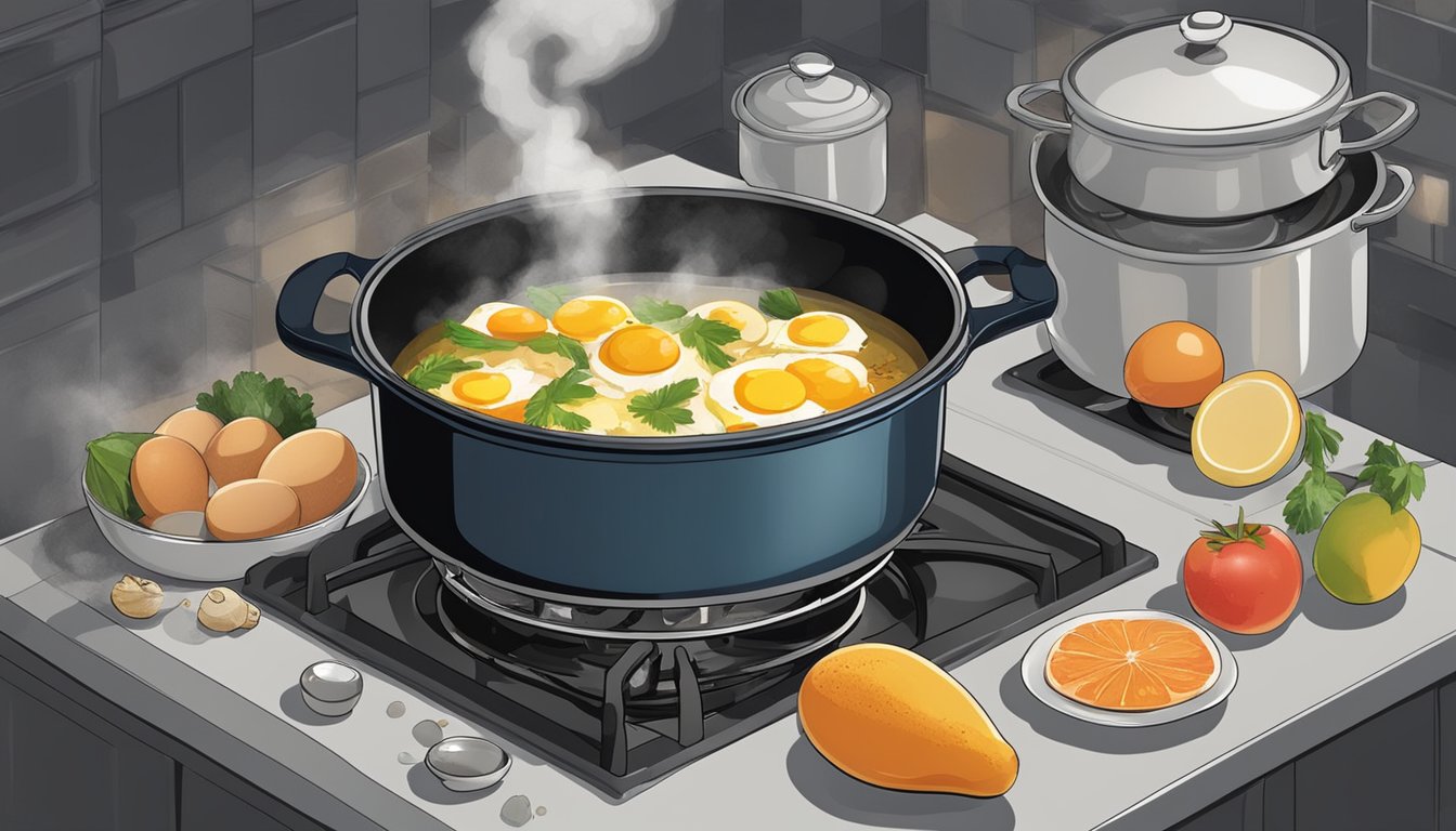 A pot simmering on a stove, steam rising, with various ingredients surrounding it - eggs, fish, and fruits