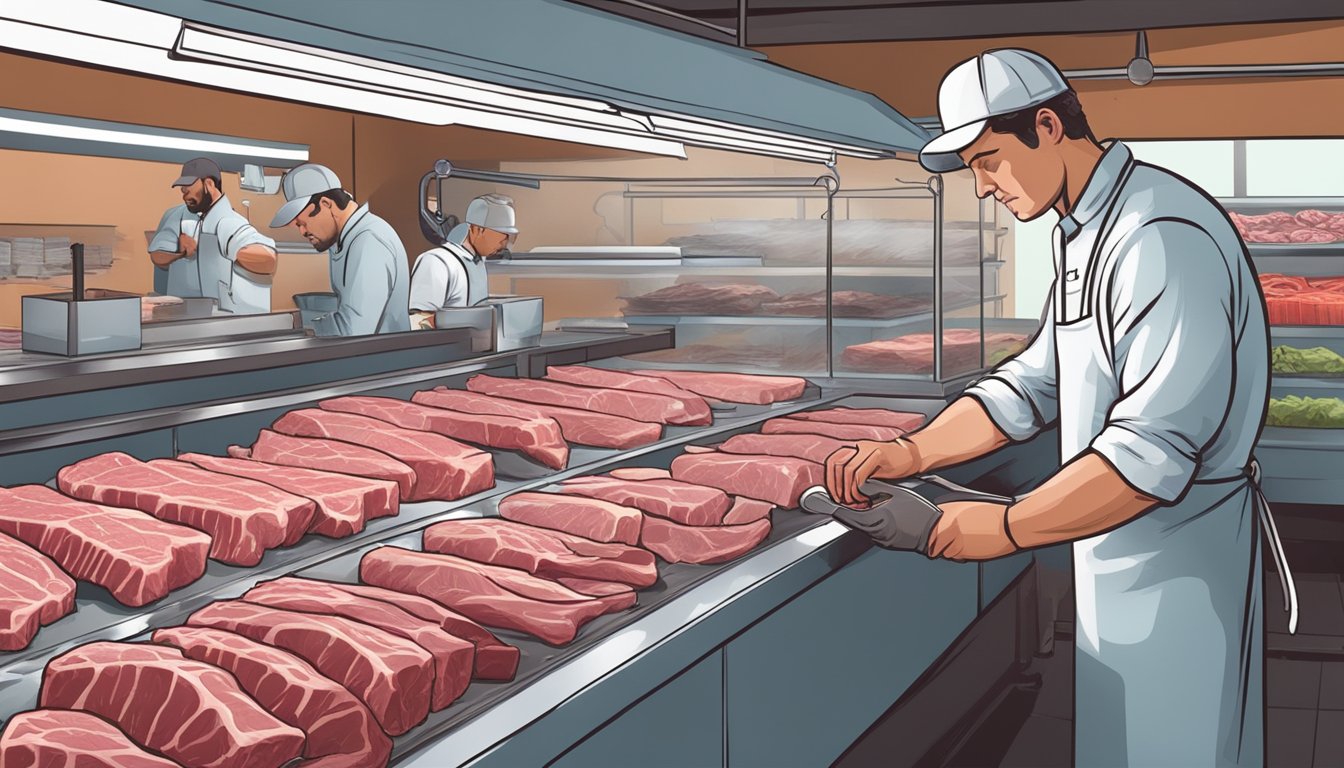 A butcher selecting and packaging a variety of prime beef cuts in a Texas meat market