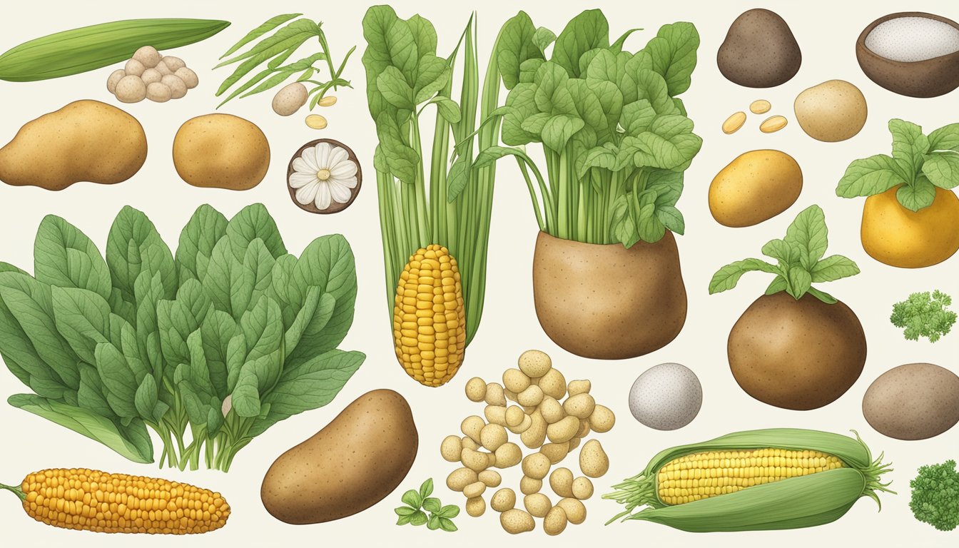 A variety of starches (potato, corn, tapioca) arranged with their respective plants, showcasing their scientific properties and diverse uses in Texas