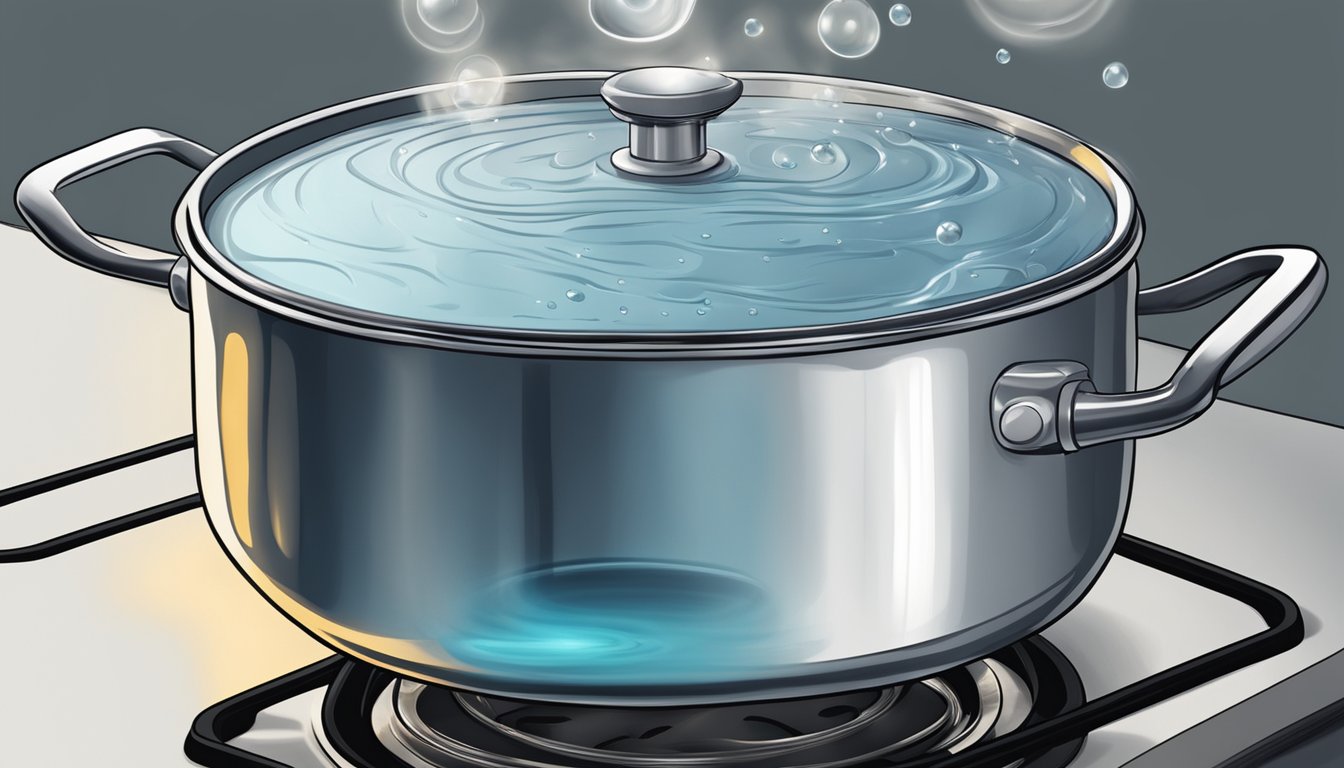 A pot of water simmering on a stove, with a delicate swirl of steam rising and a few bubbles breaking the surface