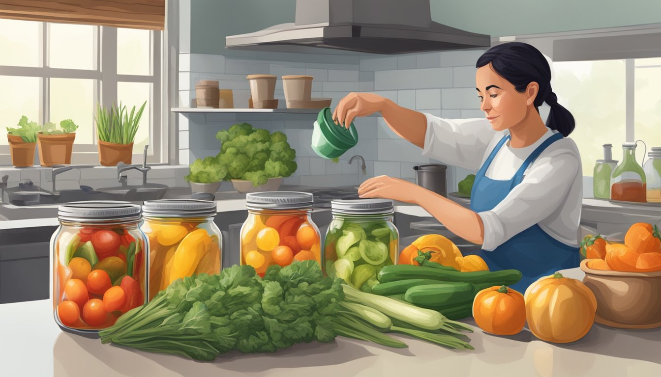 A person in Texas prepares fruits and vegetables for preservation using canning jars, boiling water, and fresh produce