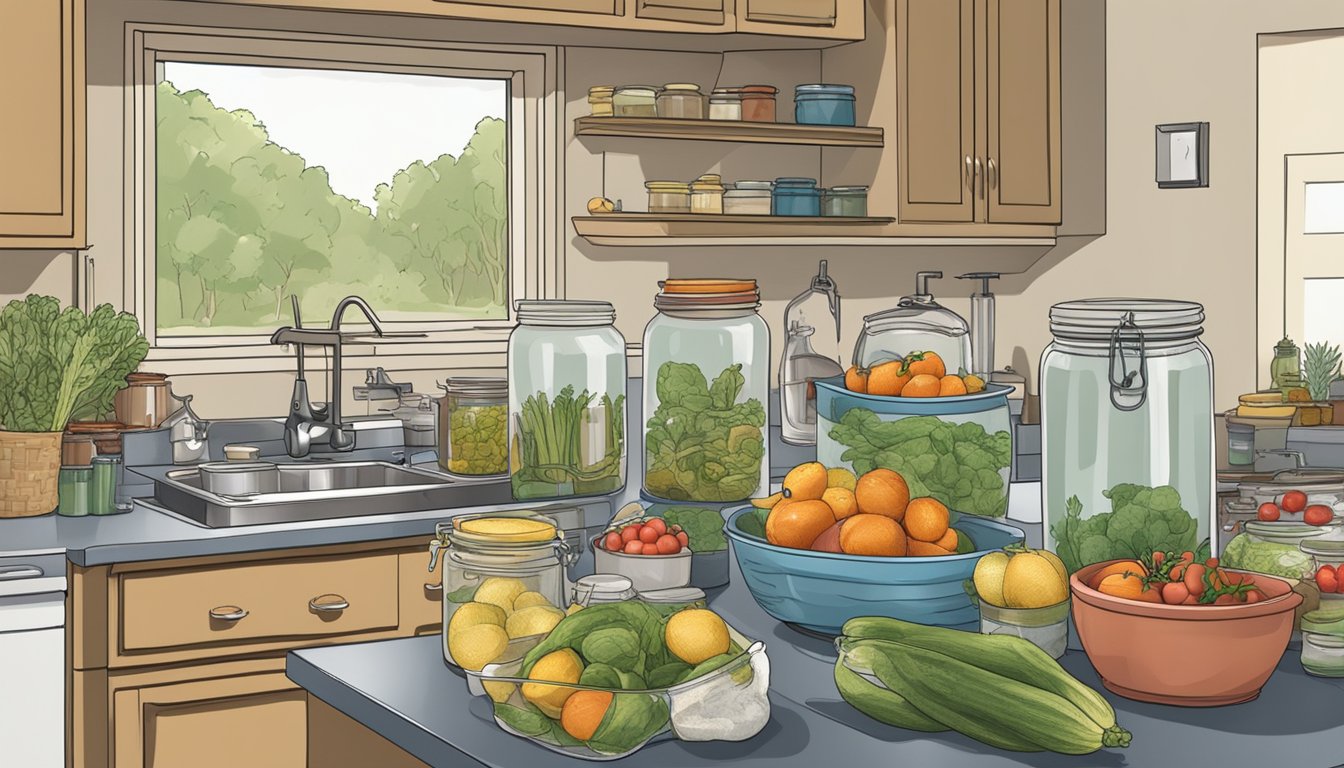 A cluttered kitchen counter with jars, lids, and a boiling water canner. A basket of fresh produce sits nearby