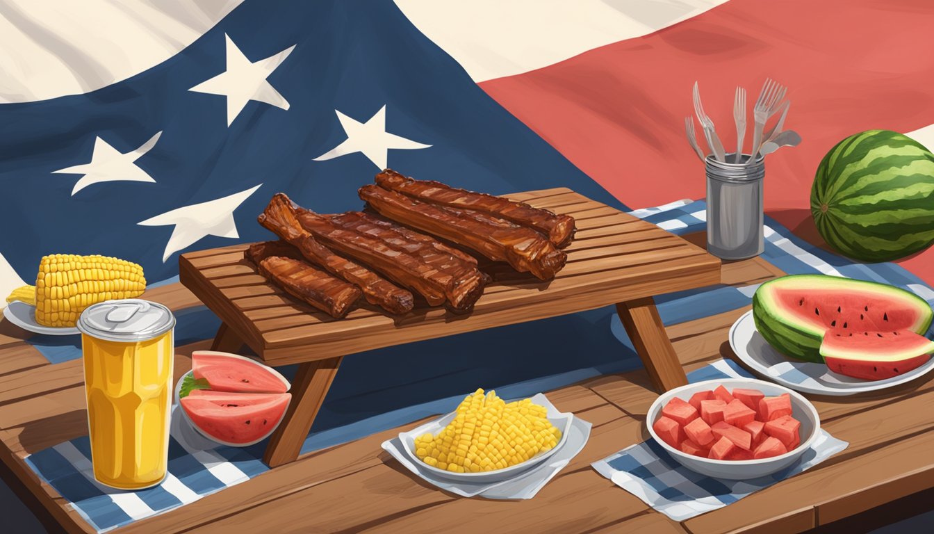 A picnic table set with BBQ ribs, corn on the cob, and watermelon under a Texas flag, with a camera ready to capture the feast