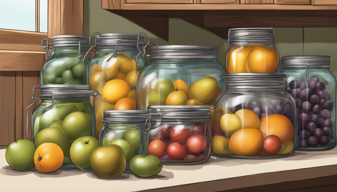 A rustic kitchen counter with jars, fruits, and canning equipment arranged for preserving in Texas