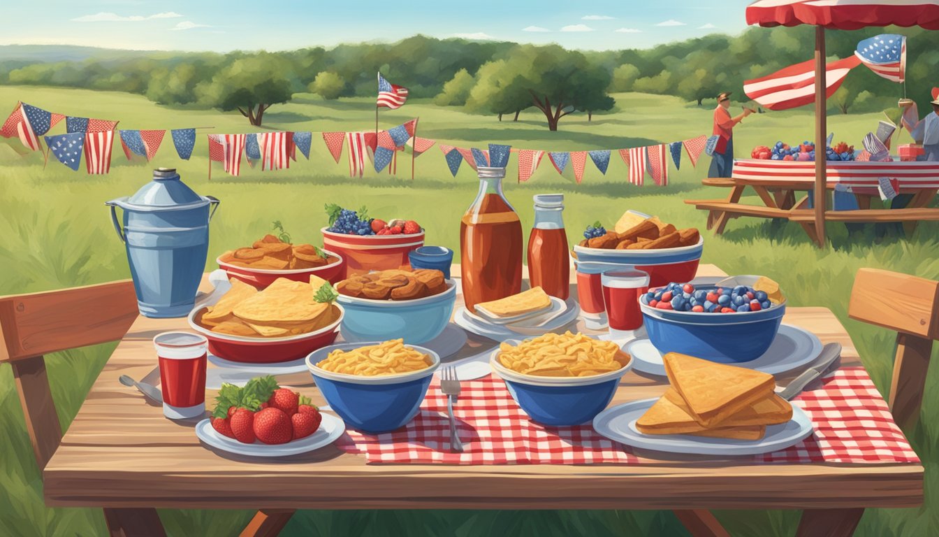 A picnic table adorned with classic Texan Fourth of July dishes, surrounded by friends and family, with a backdrop of a Texas landscape