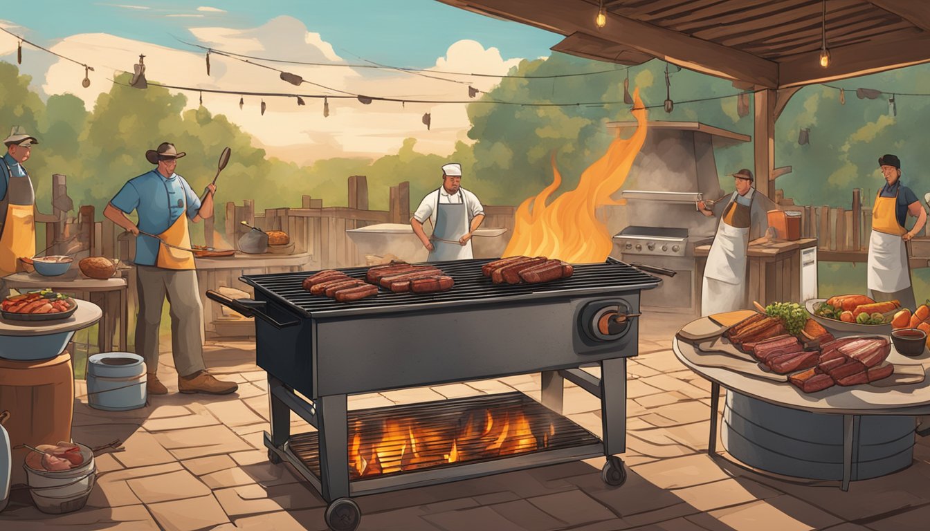 A grill with various cuts of meat sizzling over open flames, surrounded by a rustic Texas backdrop with expert chefs demonstrating grilling techniques