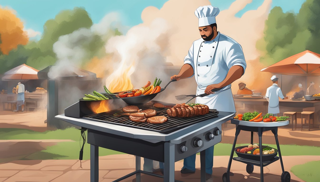 A grill sizzling with various meats and vegetables, smoke rising in the Texas heat, as a chef expertly tends to the food