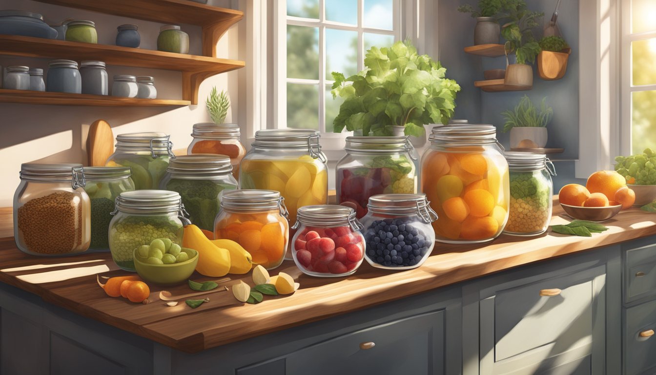 A rustic kitchen counter with jars of colorful fruits, cutting boards, and bowls of spices and herbs. Sunlight streams through a window onto the ingredients