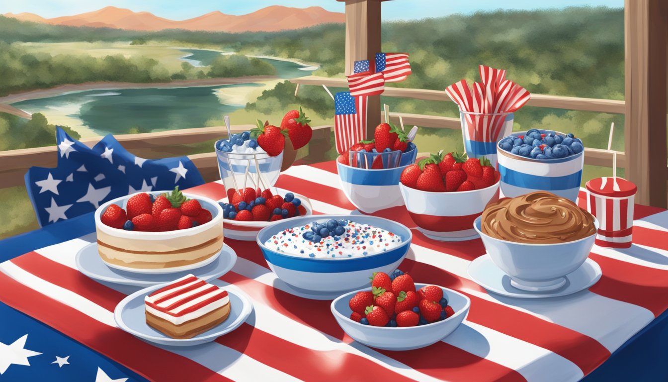 A festive table spread with red, white, and blue desserts and drinks, set against a backdrop of Texas scenery under the Fourth of July sun