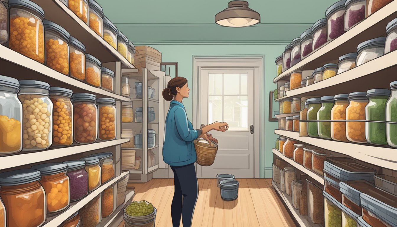 A person placing jars of preserves on shelves in a pantry, surrounded by bags of dried goods and a thermometer on the wall