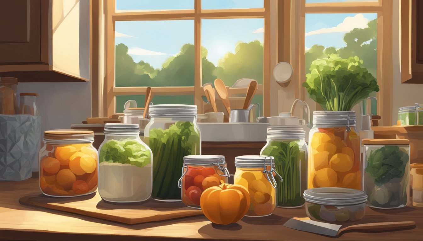 A Texas kitchen with jars, fresh produce, and various preservation tools laid out on a wooden countertop. Sunlight streams in through a window, casting a warm glow over the scene