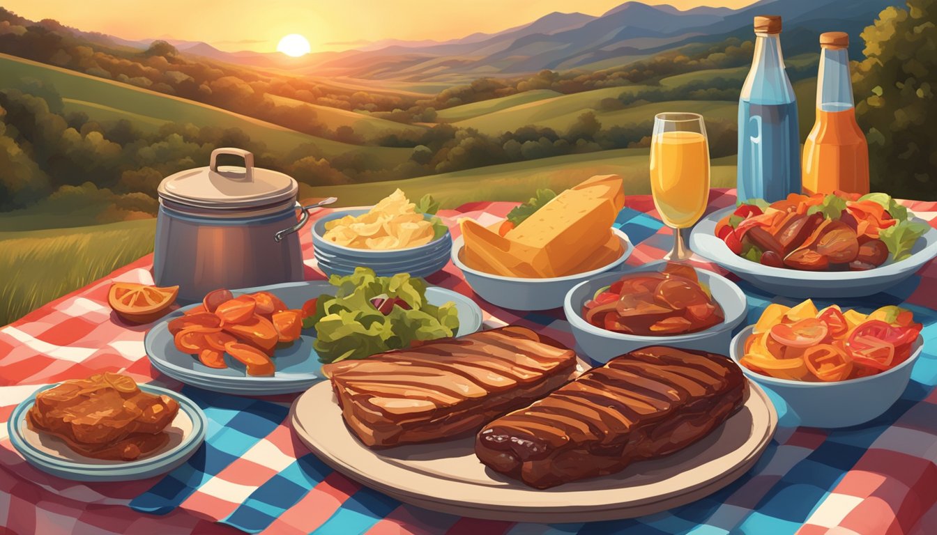 A picnic blanket spread with Texan BBQ and colorful dishes, set against a backdrop of rolling hills and a vibrant sunset