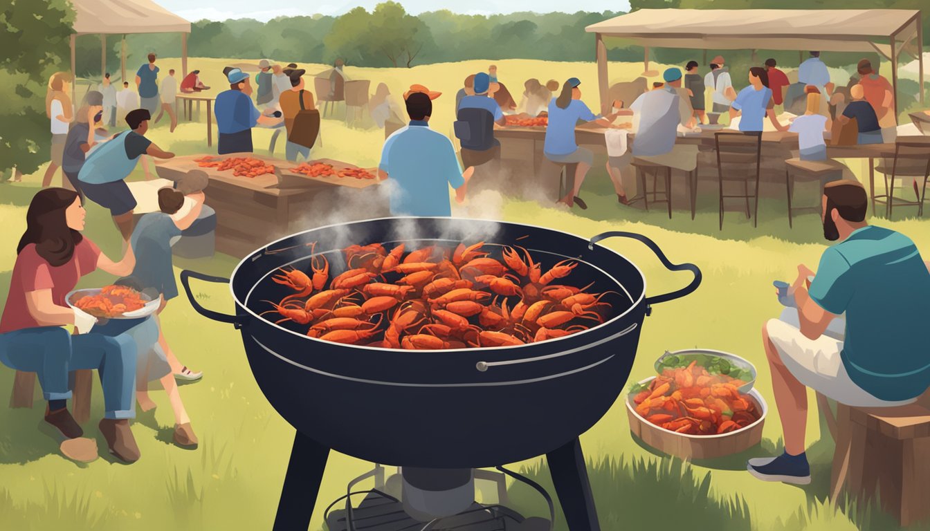 A sunny Texas day with a rustic outdoor boil setup surrounded by people enjoying crawfish in a festive atmosphere