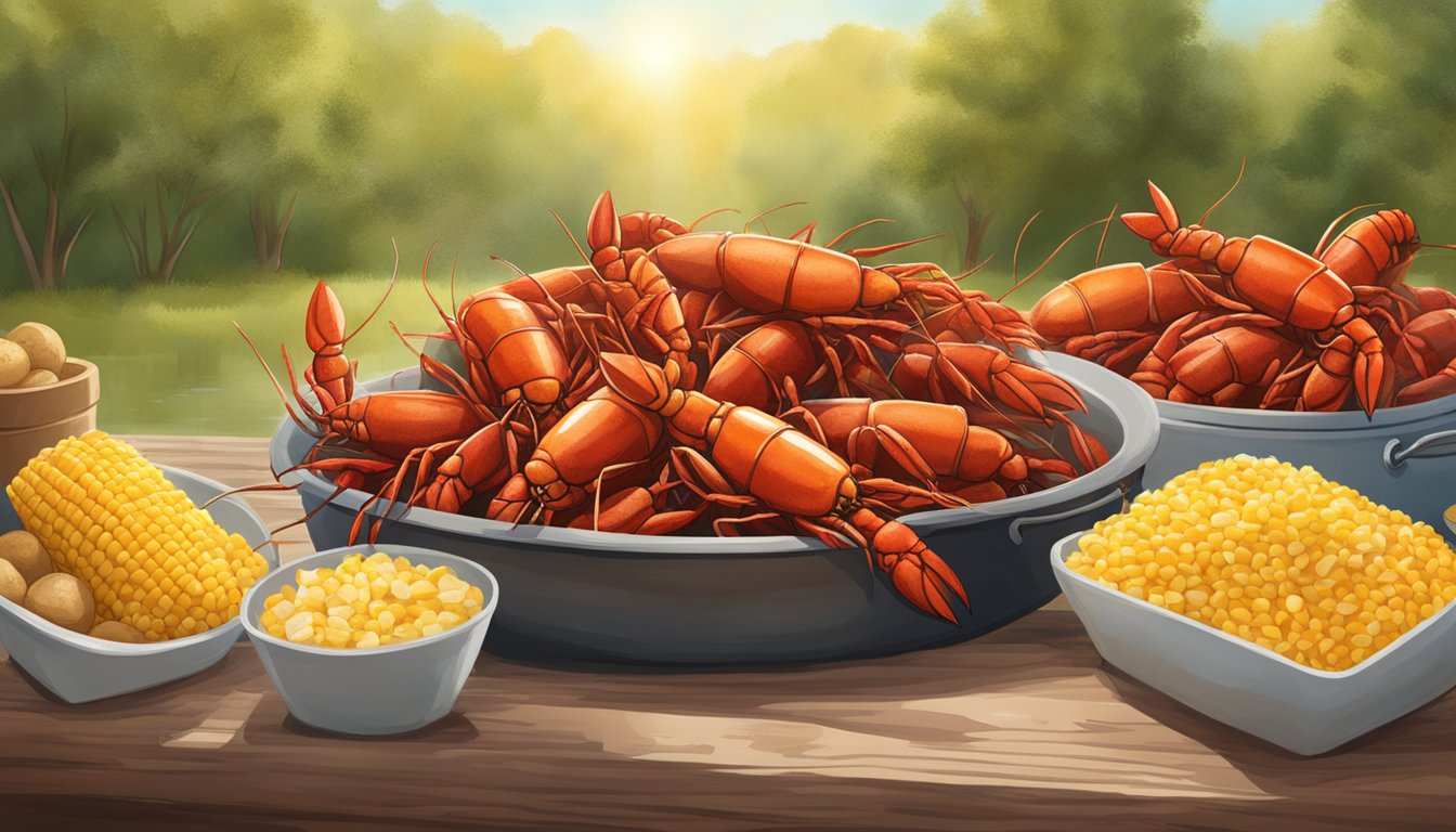 A rustic Texas crawfish boil with corn, potatoes, and spicy seasoning, set against a backdrop of a sunny spring day